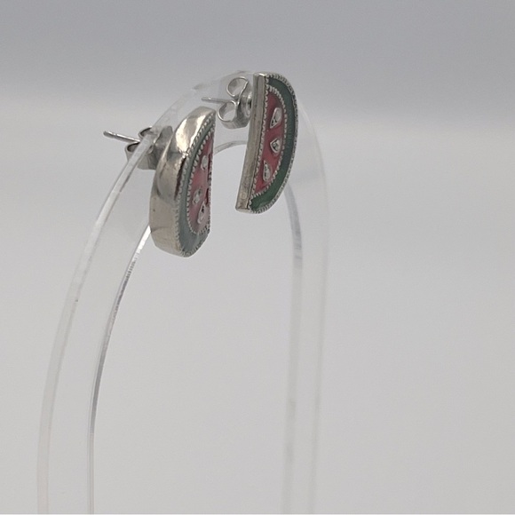 Vintage Avon Watermelon Slice Post Earrings Red Green Enamel Silver Tone Reto - Picture 4 of 11